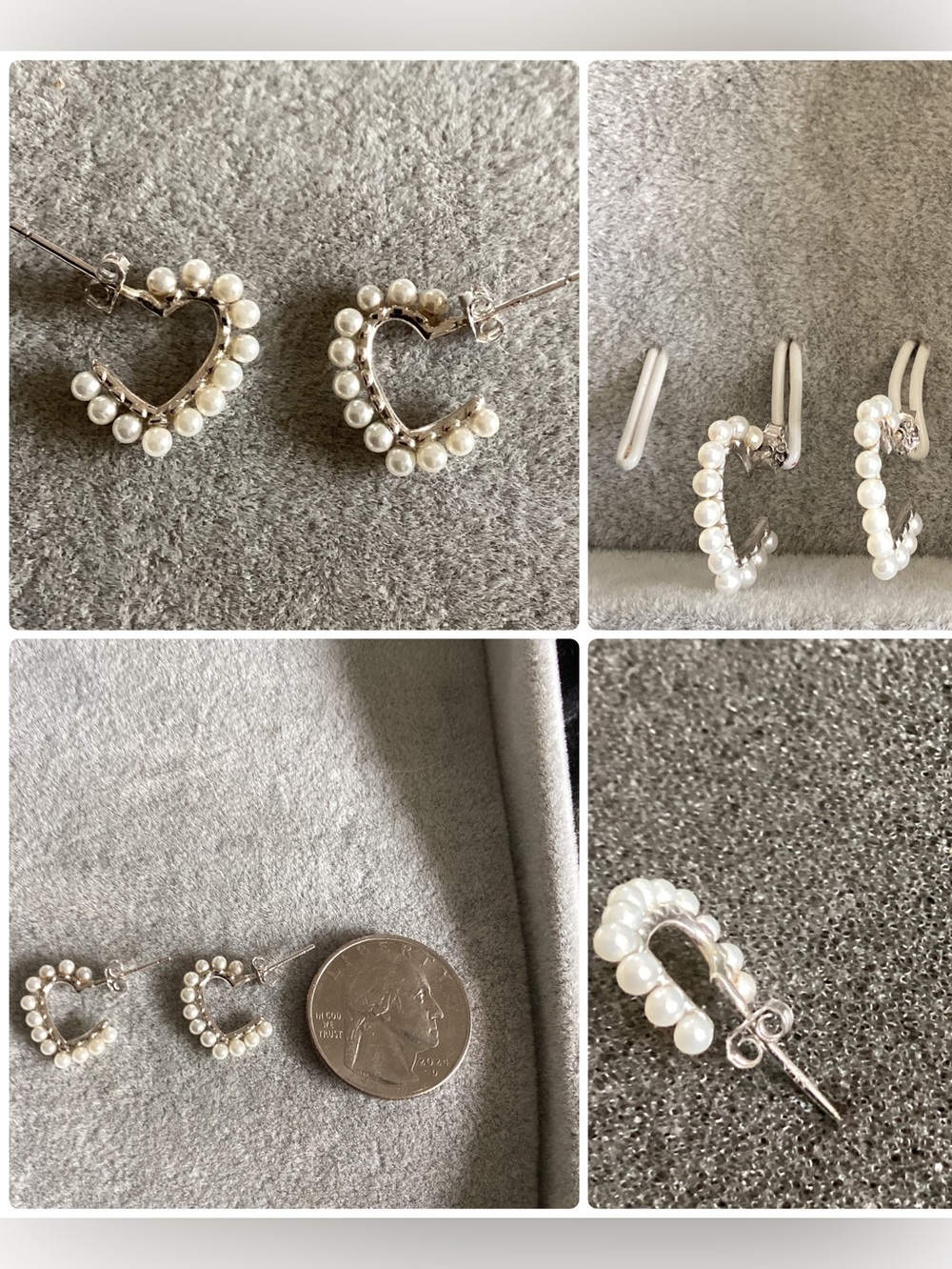 🪷 Sterling Silver Heart Hoop Earrings w/Pearl Accents Stamped